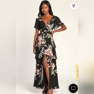NWT Midnight Mood Black Floral Print Tiered Maxi Dress Size M